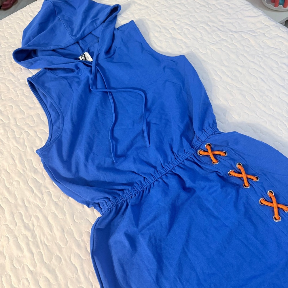 NWOT Women Small Hoodie Dress Royal Blue Sleeveless Side Cavs Halloween GORPCORE